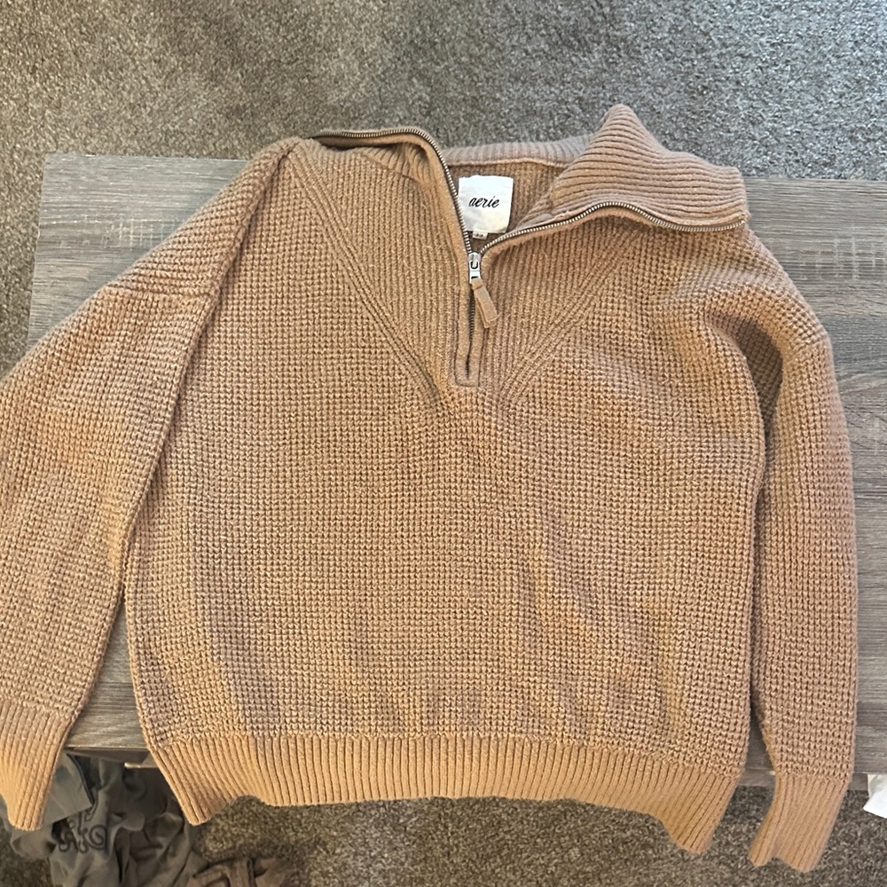 Aerie Tan Knit Half-Zip Sweatshirt